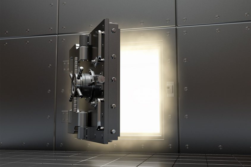 dark bank door opening to reveal light